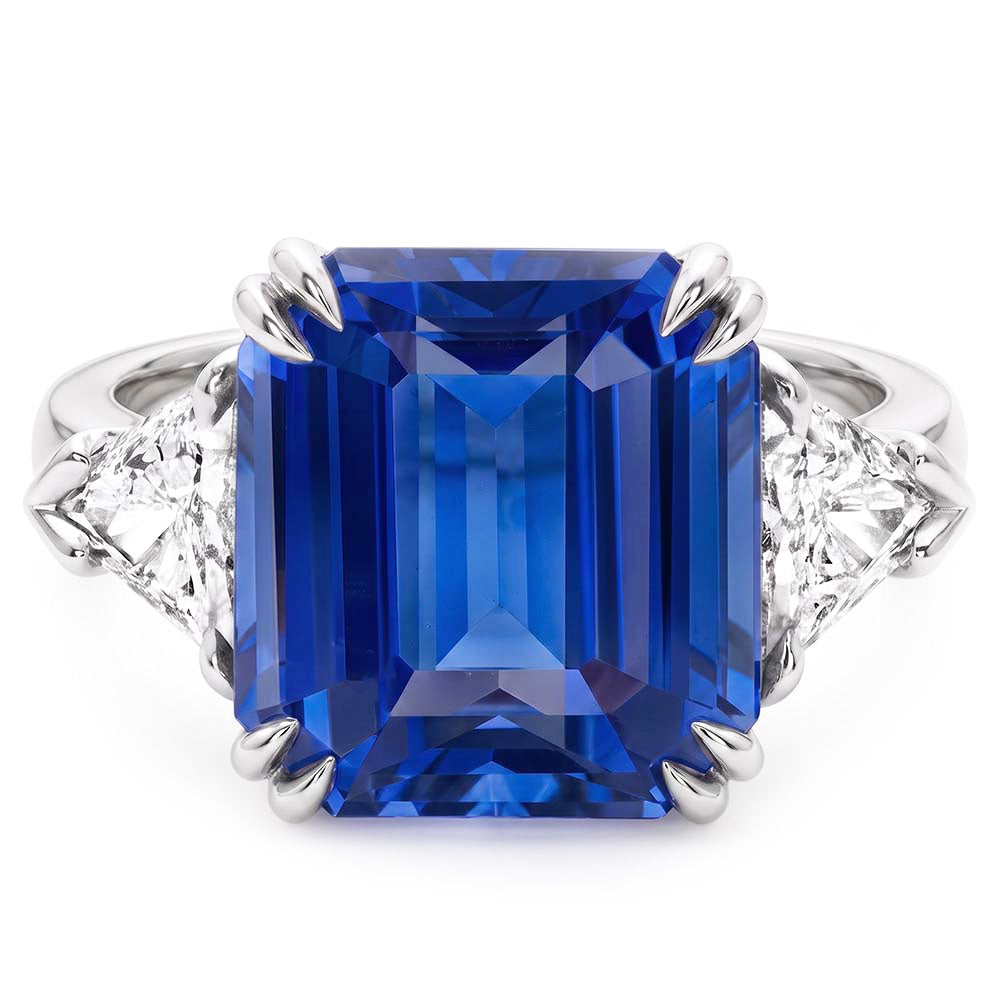 Emerald Sapphire Gemstone Ring 4 Carats Trillion Natural Earth Mined Diamond ( Not Lab Grown )s 3 Stone Gold