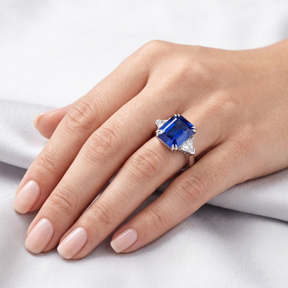 Emerald Sapphire Gemstone Ring 4 Carats Trillion Natural Earth Mined Diamond ( Not Lab Grown )s 3 Stone Gold