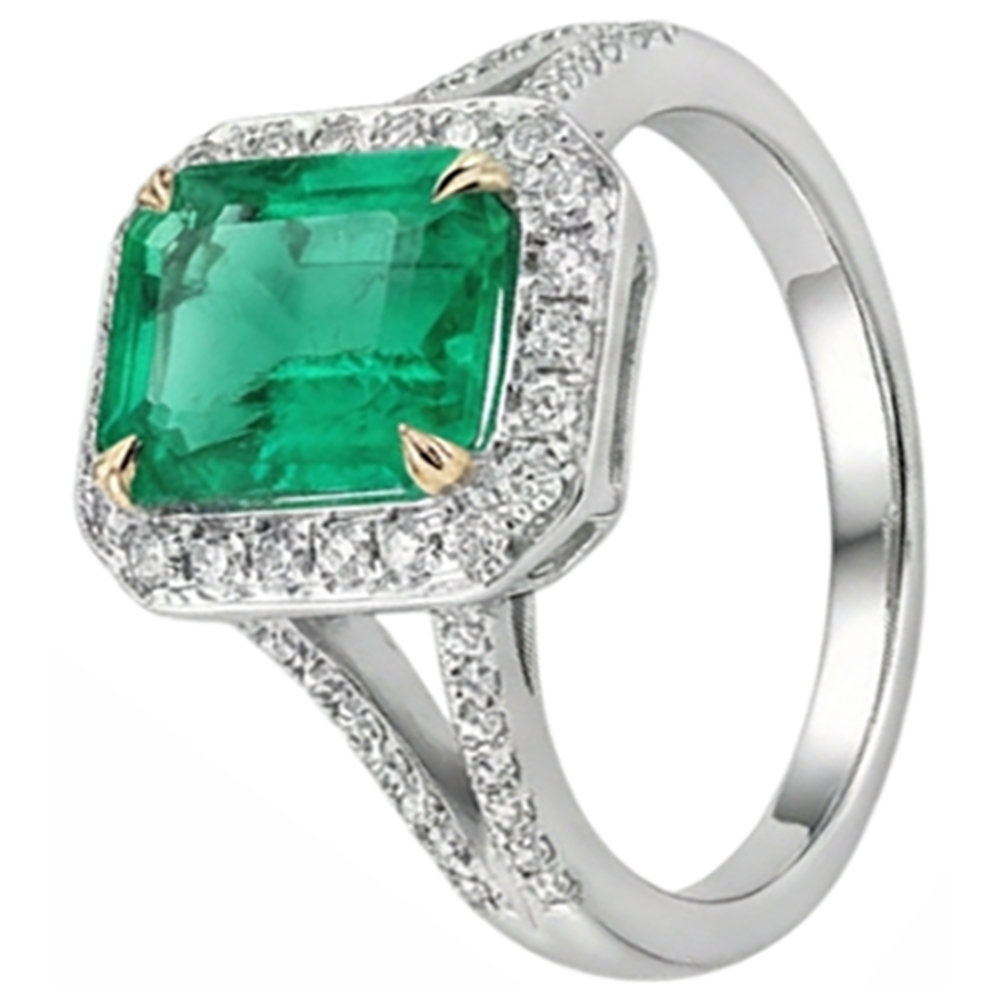Fine Emerald Step Cut Gemstone Ring in 14 Karat Two Tone Gold – angle view