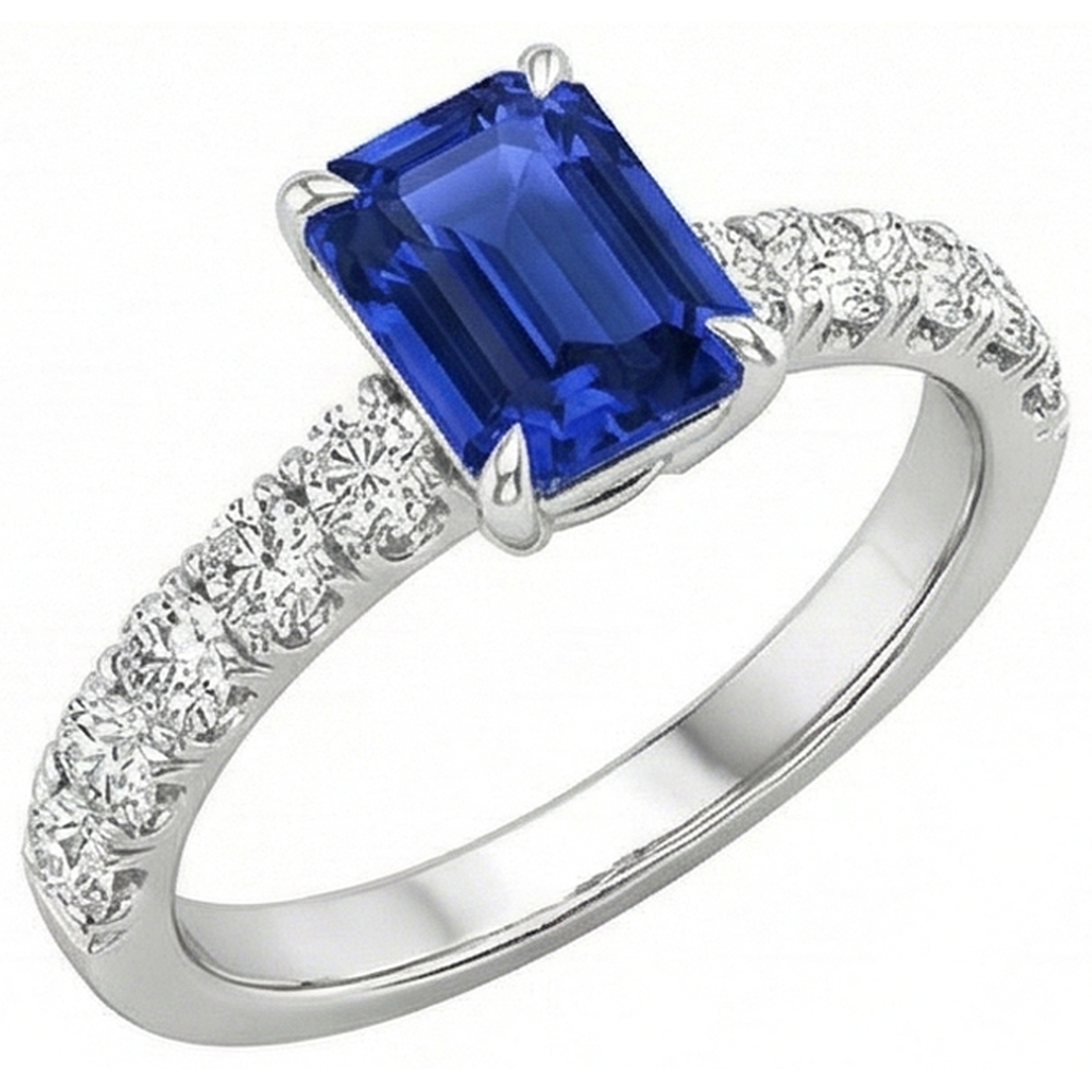 Emerald Solitaire Accents Ring Blue Sapphire & Natural Earth Mined Diamond ( Not Lab Grown ) 4.25 Carats