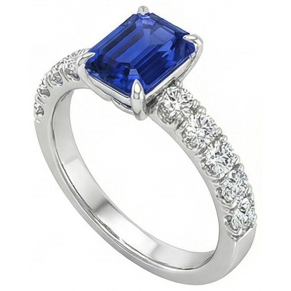 Emerald Solitaire Accents Ring Blue Sapphire & Natural Earth Mined Diamond ( Not Lab Grown ) 4.25 Carats
