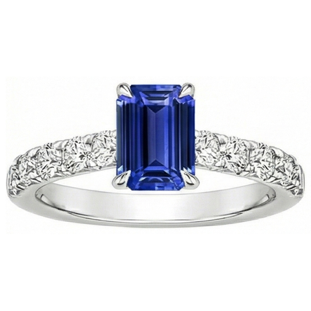 Emerald Solitaire Accents Ring Blue Sapphire & Natural Earth Mined Diamond ( Not Lab Grown ) 4.25 Carats