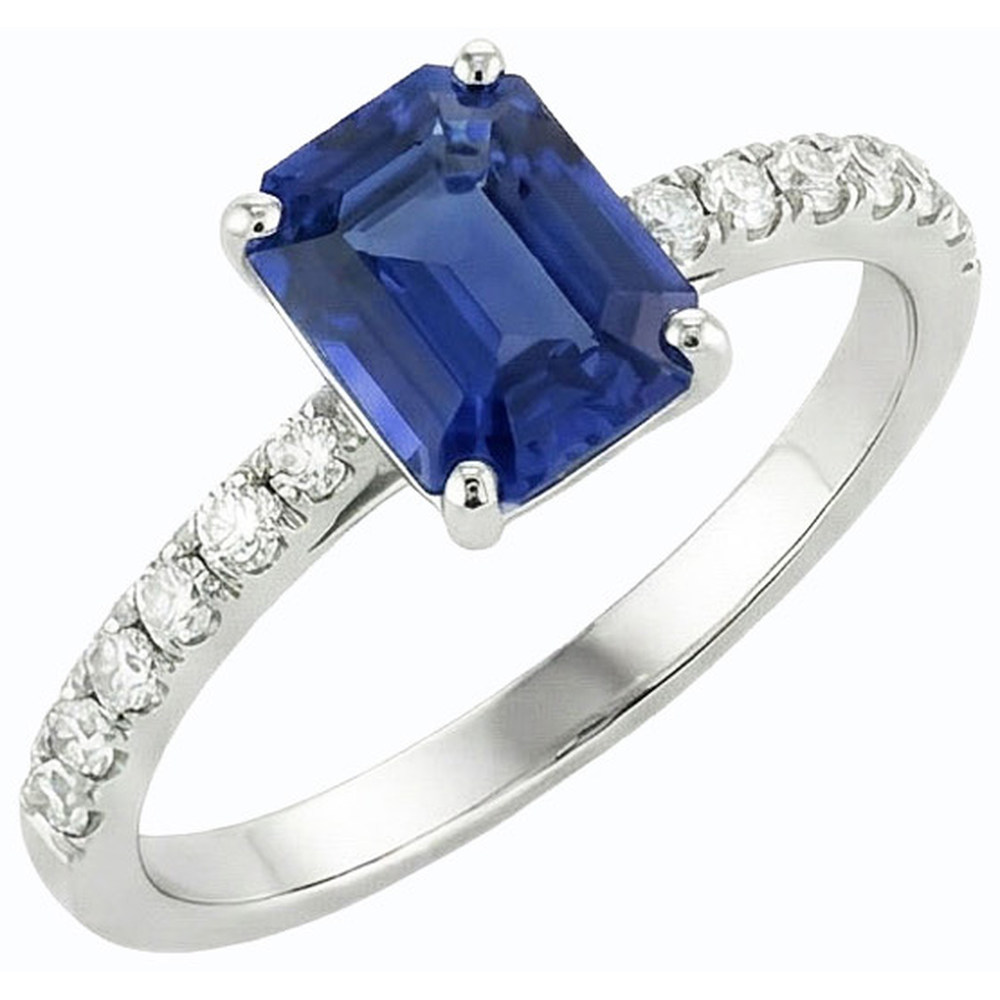 Emerald Solitaire Blue Sapphire Ring & Pave Set Natural Earth Mined Diamond ( Not Lab Grown )s 2.50 Carats
