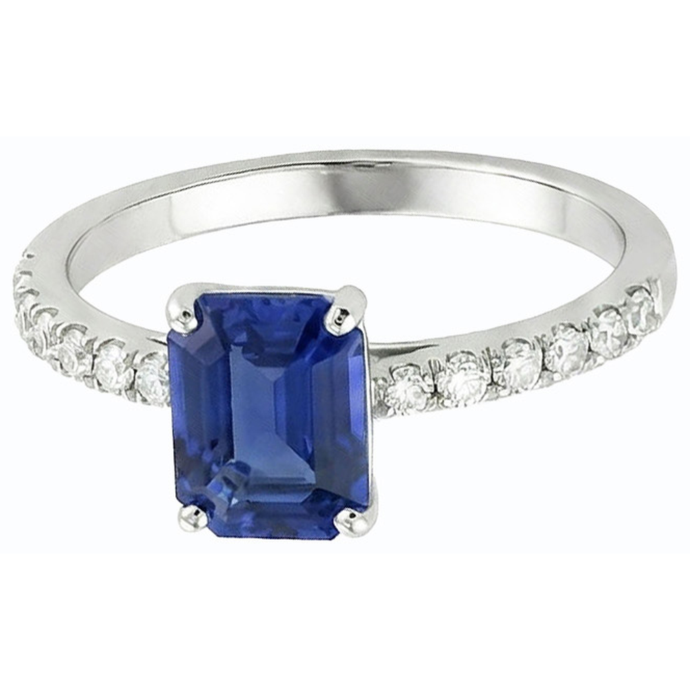 Emerald Solitaire Blue Sapphire Ring & Pave Set Natural Earth Mined Diamond ( Not Lab Grown )s 2.50 Carats