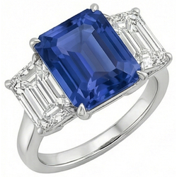 Emerald Three Stone Blue Sapphire Ring 3 Carats Gold Jewelry