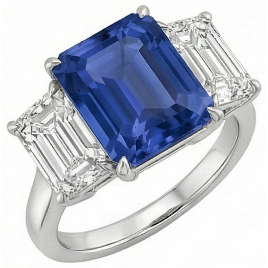 Emerald Three Stone Blue Sapphire Ring 3 Carats Gold Jewelry