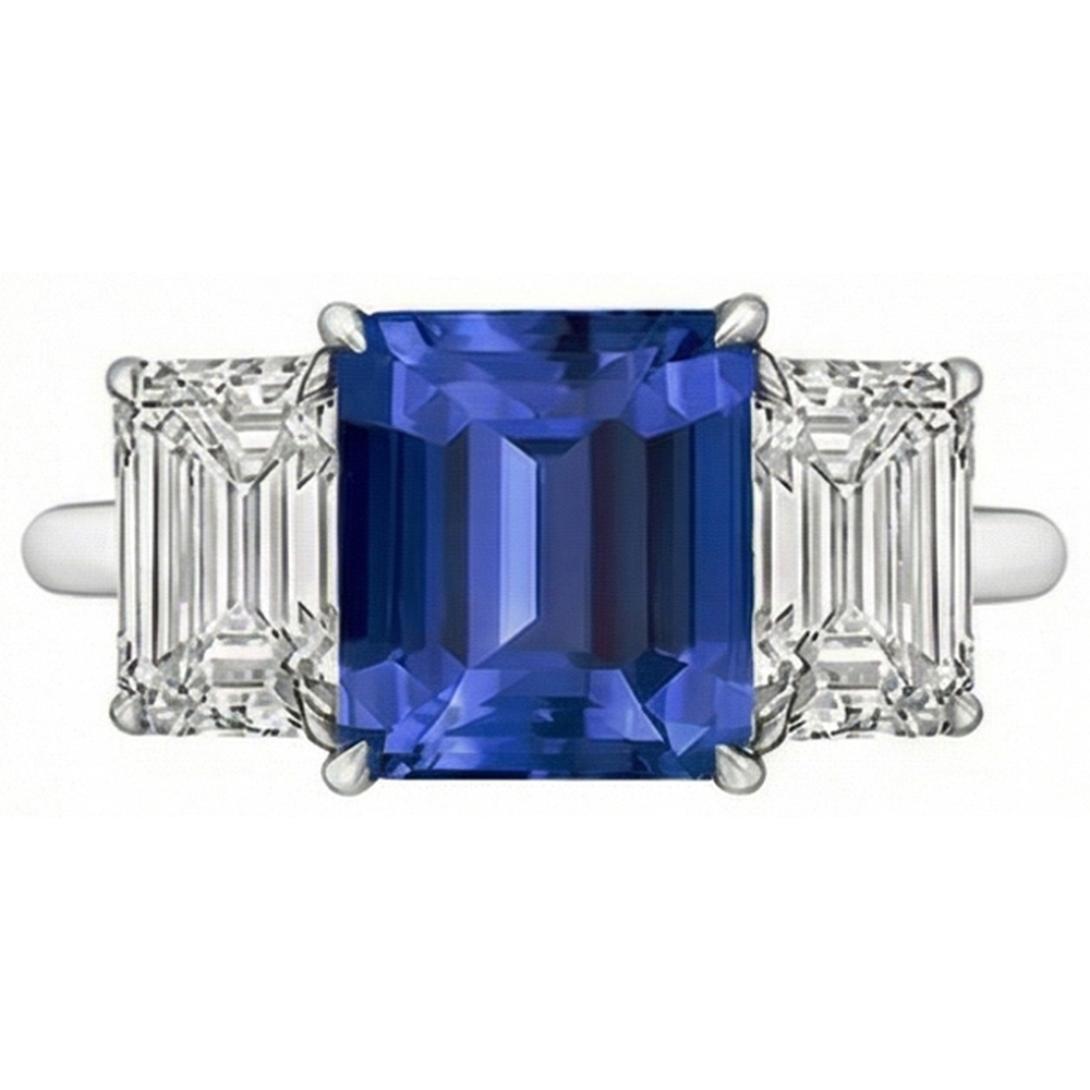Emerald Three Stone Blue Sapphire Ring 3 Carats Gold Jewelry