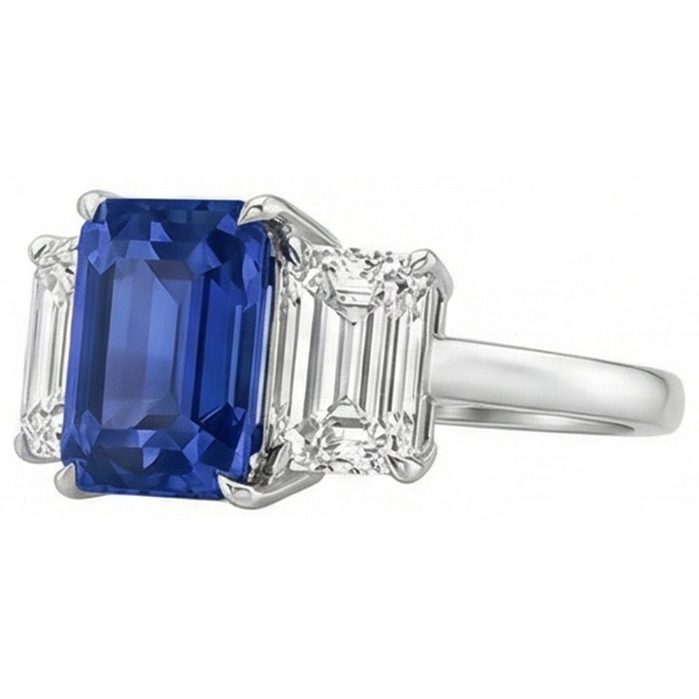 Emerald Three Stone Blue Sapphire Ring 3 Carats Gold Jewelry