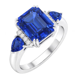 Emerald Three Stone Blue Sapphire Ring & Natural Earth Mined Diamond ( Not Lab Grown )s 3 Carats