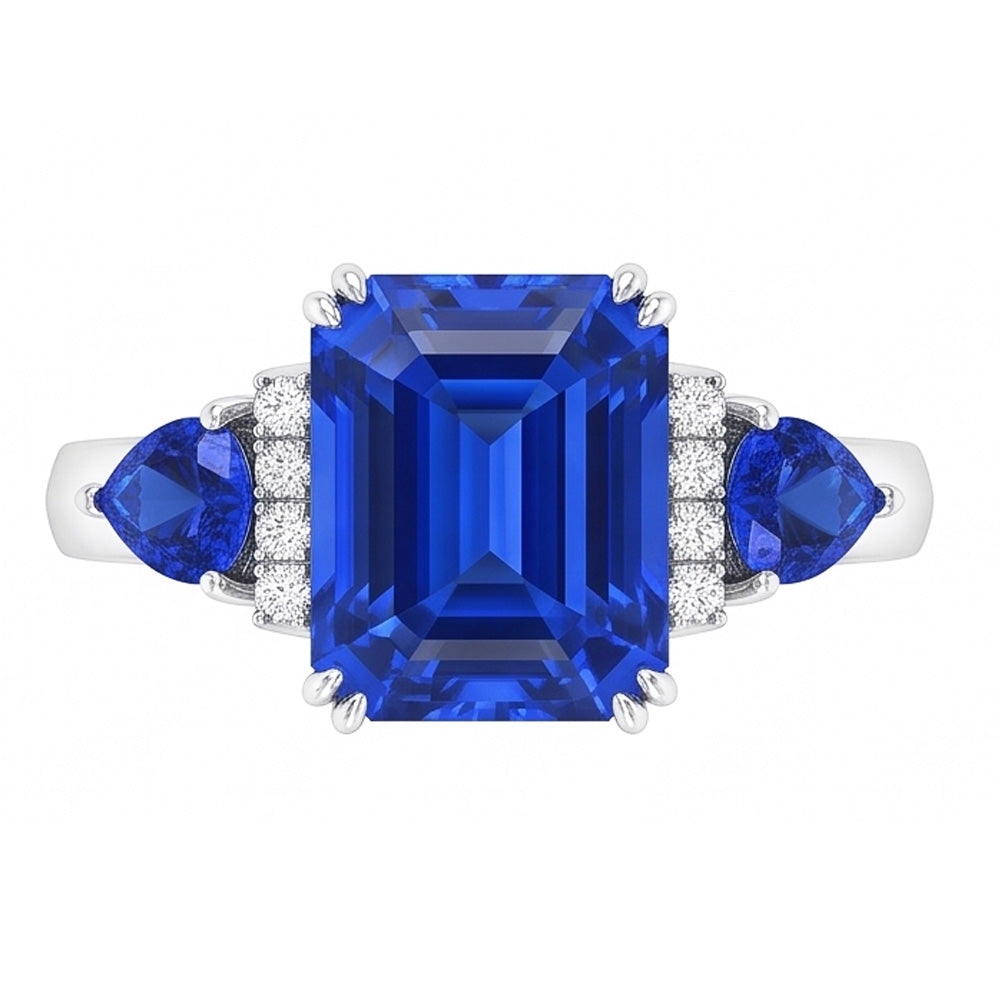 Emerald Three Stone Blue Sapphire Ring & Natural Earth Mined Diamond ( Not Lab Grown )s 3 Carats