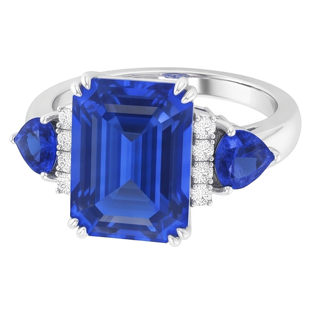 Emerald Three Stone Blue Sapphire Ring & Natural Earth Mined Diamond ( Not Lab Grown )s 3 Carats