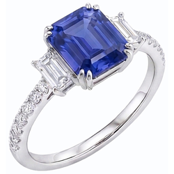 Emerald Three Stone Blue Sapphire Ring & Pave Set Natural Earth Mined Diamond ( Not Lab Grown )s 3 Carats