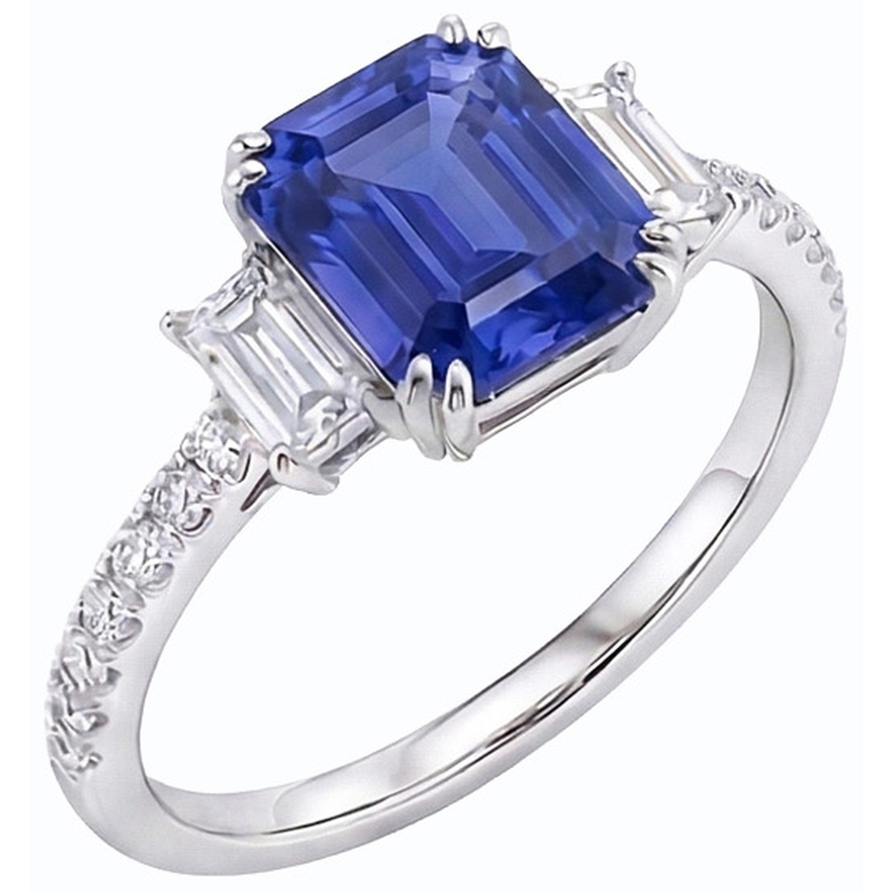 Emerald Three Stone Blue Sapphire Ring & Pave Set Natural Earth Mined Diamond ( Not Lab Grown )s 3 Carats