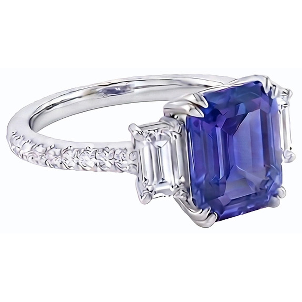 Emerald Three Stone Blue Sapphire Ring & Pave Set Natural Earth Mined Diamond ( Not Lab Grown )s 3 Carats