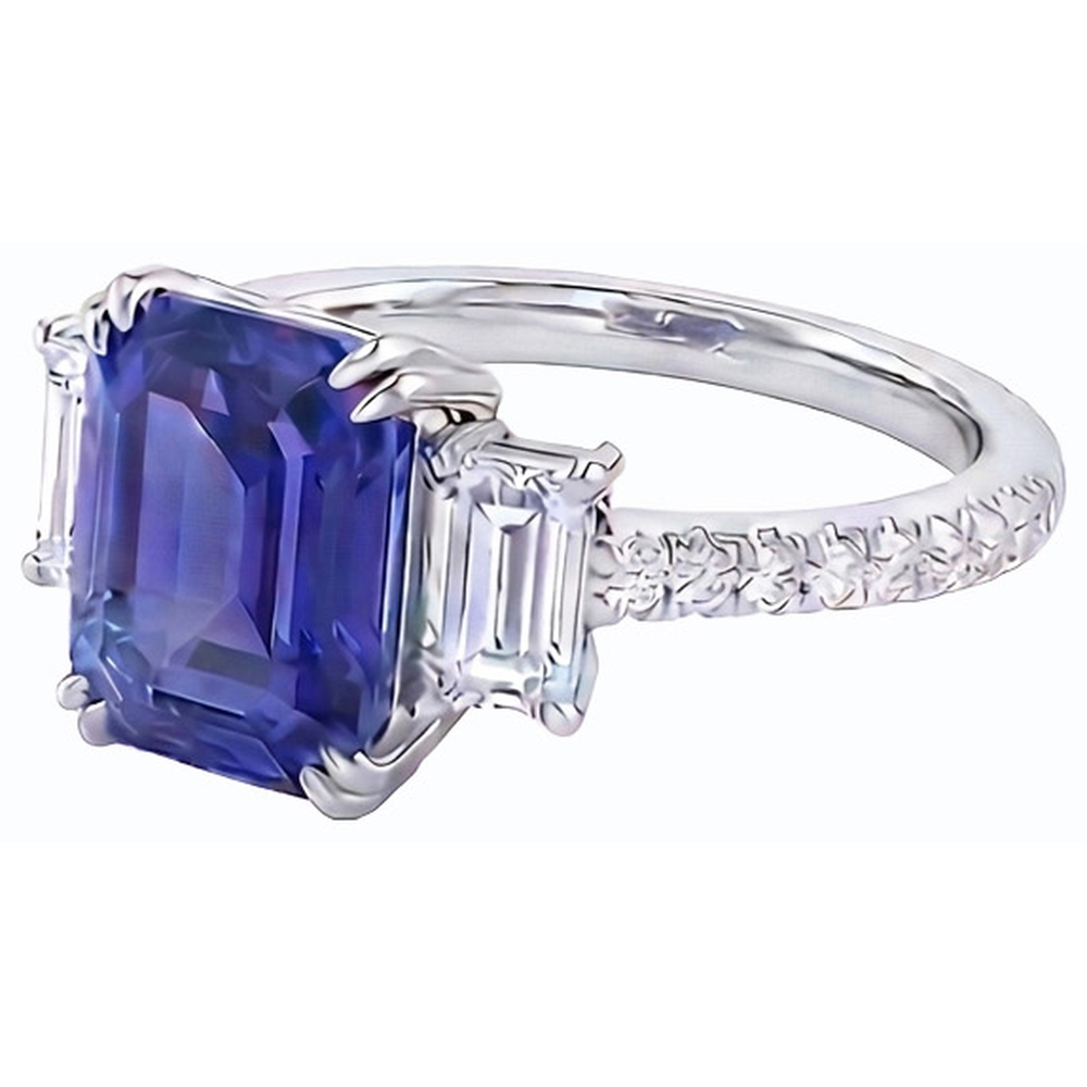 Emerald Three Stone Blue Sapphire Ring & Pave Set Natural Earth Mined Diamond ( Not Lab Grown )s 3 Carats