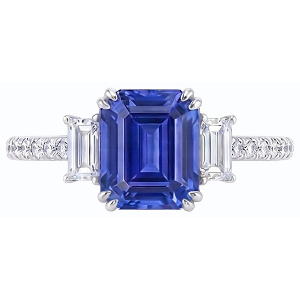 Emerald Three Stone Blue Sapphire Ring & Pave Set Natural Earth Mined Diamond ( Not Lab Grown )s 3 Carats