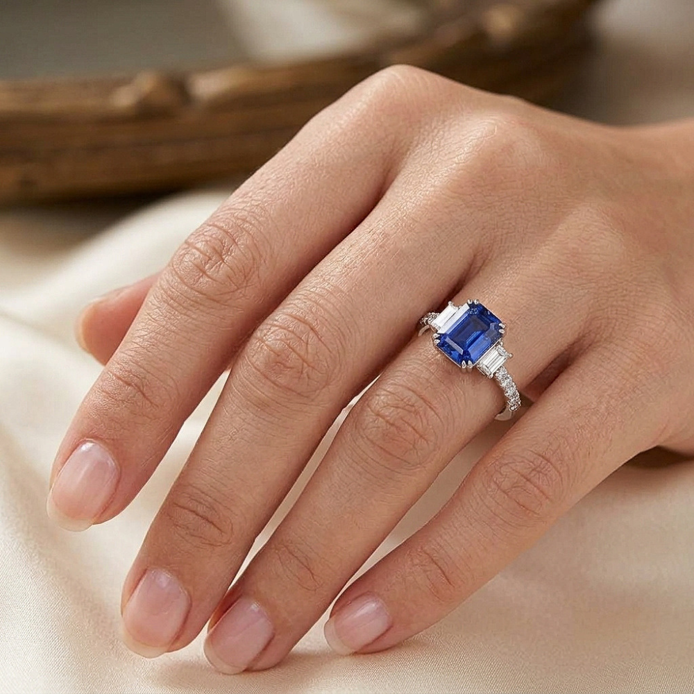 Emerald Three Stone Blue Sapphire Ring & Pave Set Natural Earth Mined Diamond ( Not Lab Grown )s 3 Carats