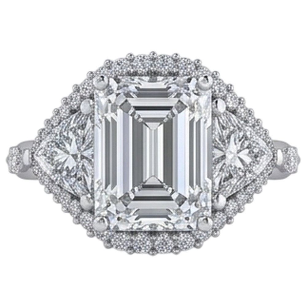 Emerald Trillion Natural Earth Mined Diamond ( Not Lab Grown ) Engagement Ring 3.95 Carats Brilliant Cut