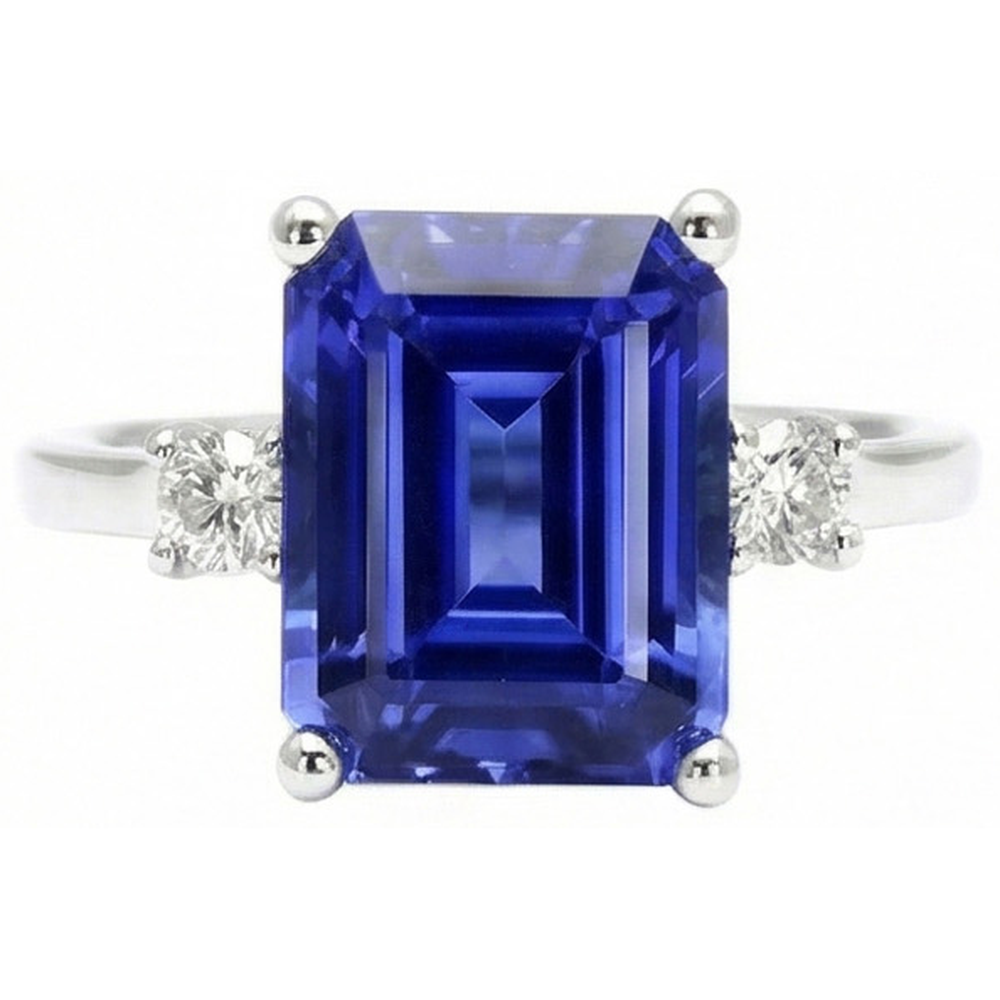 Emerald & Round Cut 3 Ct Ceylon Sapphire Natural Earth Mined Diamond ( Not Lab Grown ) s Ring White Gold 14K