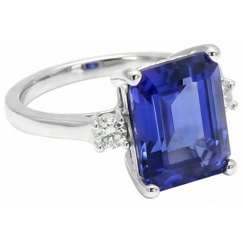 Emerald & Round Cut 3 Ct Ceylon Sapphire Natural Earth Mined Diamond ( Not Lab Grown ) s Ring White Gold 14K