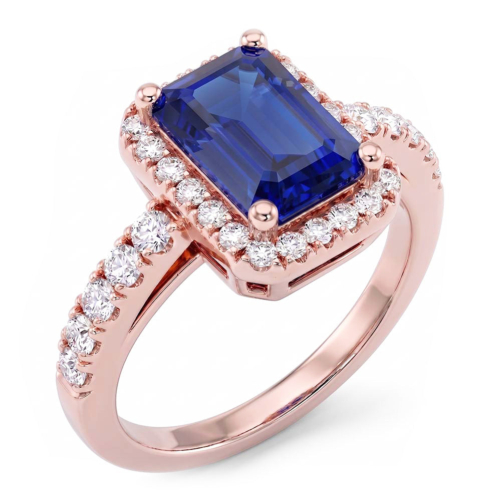 Emerald & Round Natural Earth Mined Diamond ( Not Lab Grown ) Halo Ring Blue Sapphire 3.50 Carats Rose Gold