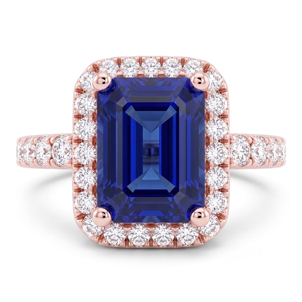Emerald & Round Natural Earth Mined Diamond ( Not Lab Grown ) Halo Ring Blue Sapphire 3.50 Carats Rose Gold