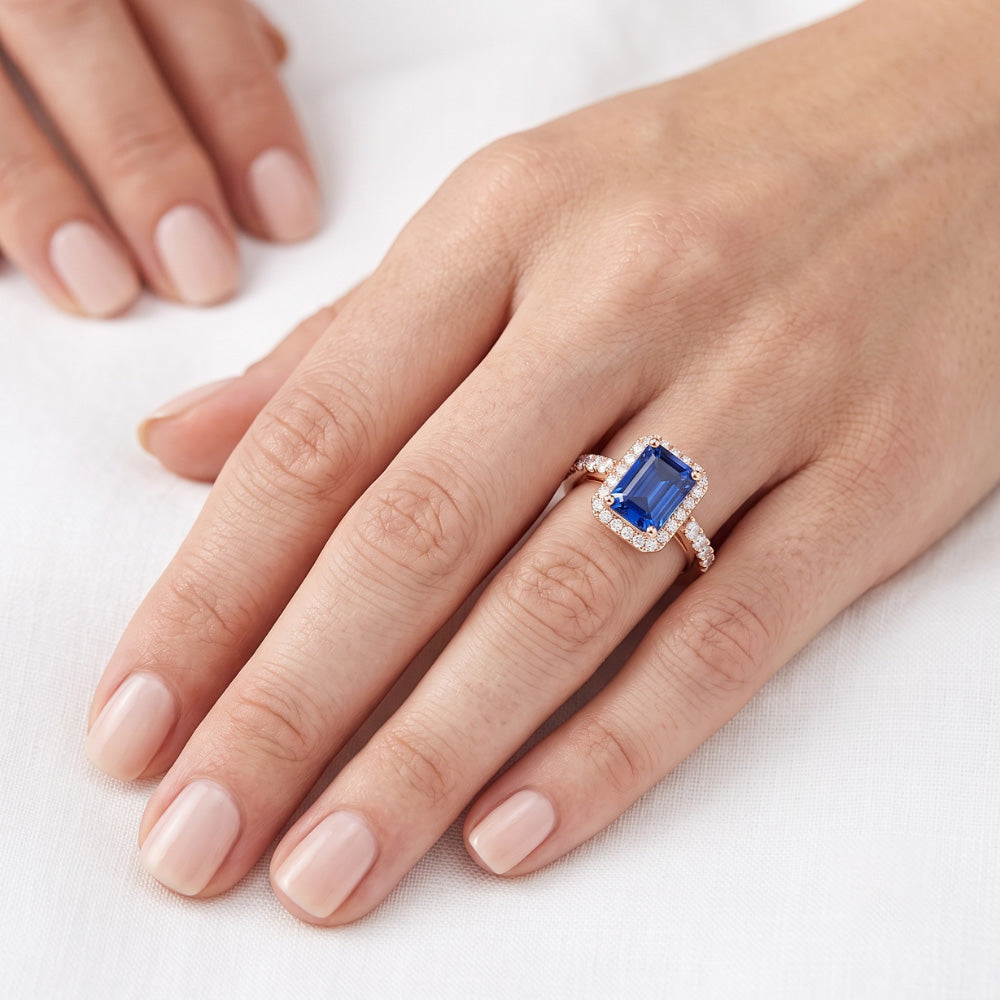 Emerald & Round Natural Earth Mined Diamond ( Not Lab Grown ) Halo Ring Blue Sapphire 3.50 Carats Rose Gold