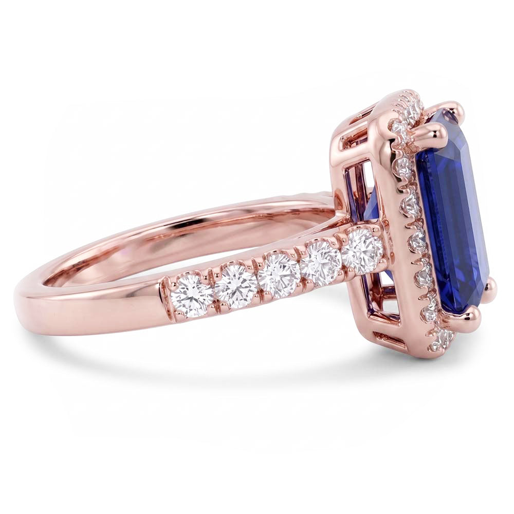 Emerald & Round Natural Earth Mined Diamond ( Not Lab Grown ) Halo Ring Blue Sapphire 3.50 Carats Rose Gold