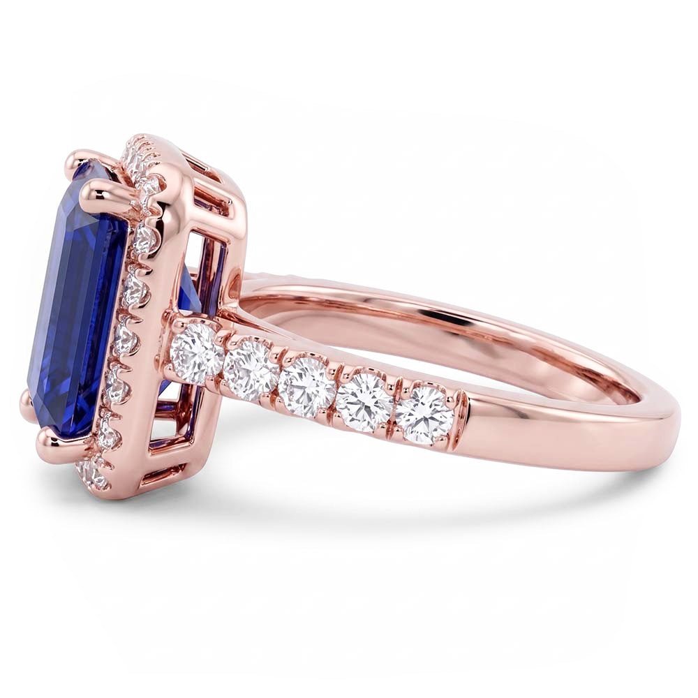 Emerald & Round Natural Earth Mined Diamond ( Not Lab Grown ) Halo Ring Blue Sapphire 3.50 Carats Rose Gold