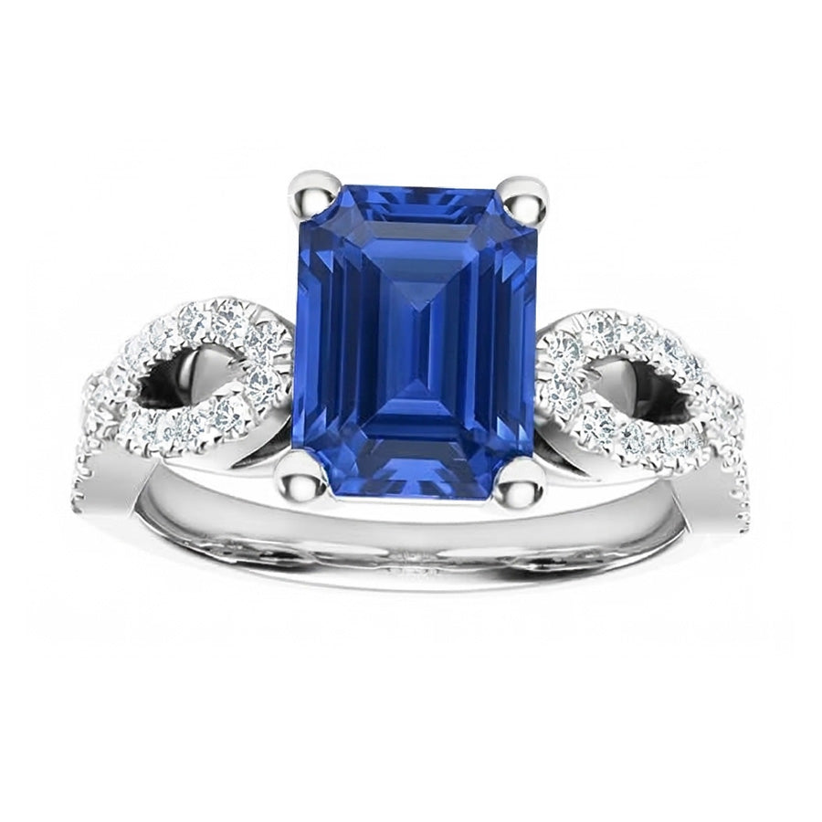 Emerald & Round Natural Earth Mined Diamond ( Not Lab Grown ) Ring Infinity Style Ceylon Sapphire 3 Carats
