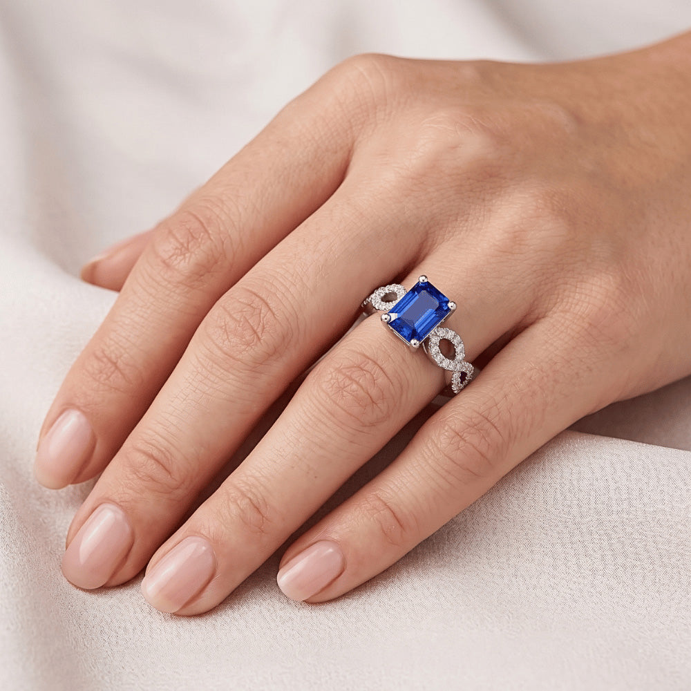 Emerald & Round Natural Earth Mined Diamond ( Not Lab Grown ) Ring Infinity Style Ceylon Sapphire 3 Carats