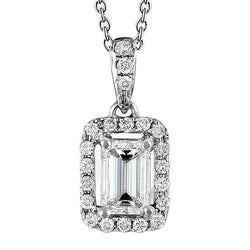 Emerald And Round Real Natural Earth Mined Diamond Pendant Necklace 1.50 Carat White Gold 14K