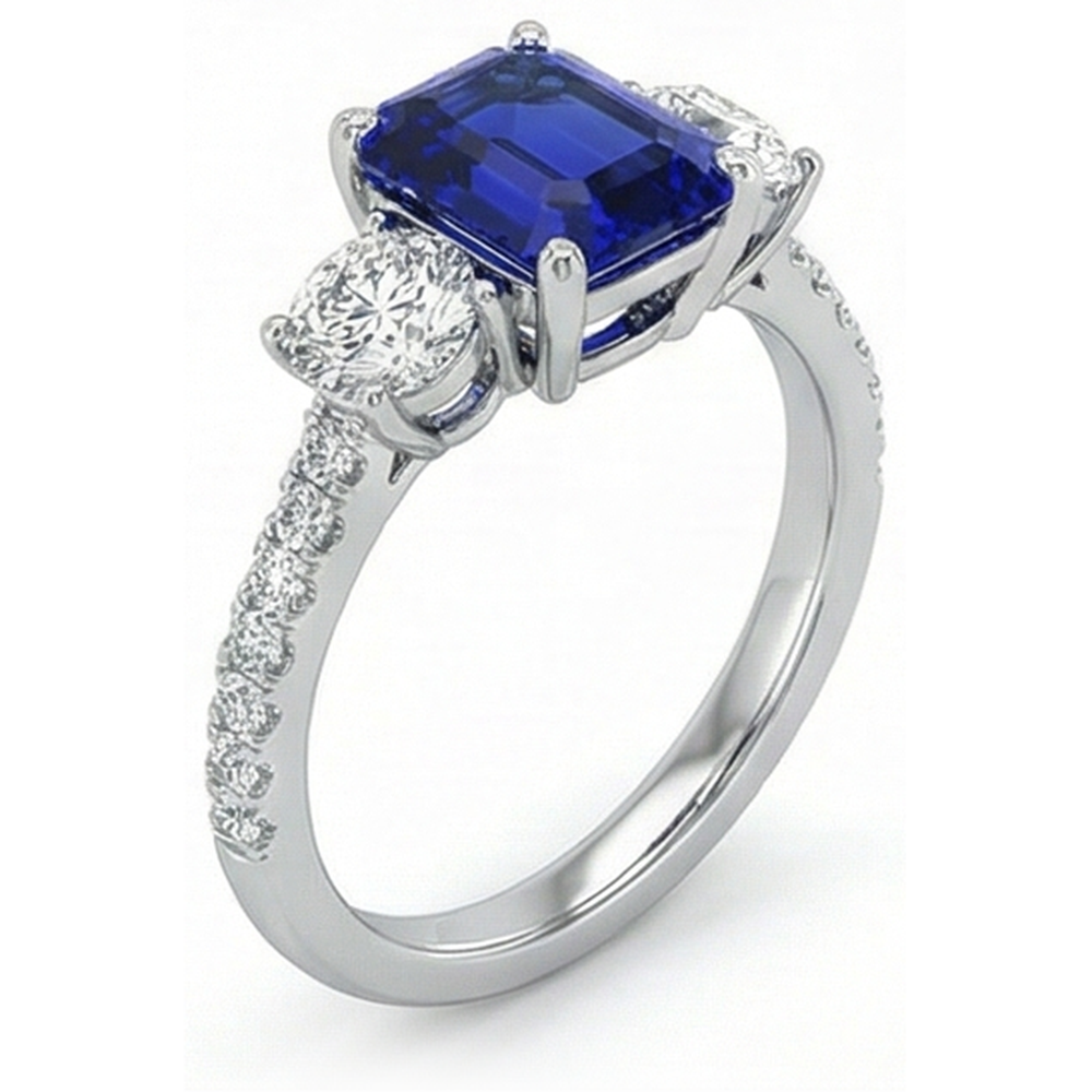 Emerald Blue Sapphire 3 Stone Style Ring With Accents 7 Carats Gold 14K