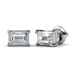 Emerald Cut 3 Carats Real Diamonds Studs Earrings Gold White 14K