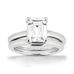 Emerald Cut Genuine Natural Earth Mined Diamond Solitaire Ring 2 Carat With Band White Gold 14K