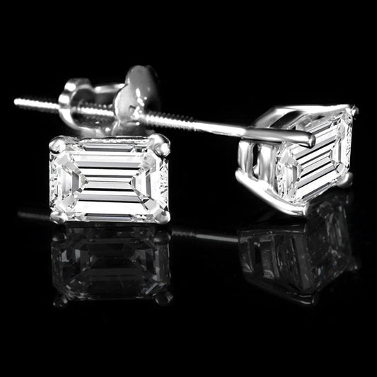 Emerald Cut Real Diamond  2 Ct Stud Earring White Gold 14K Jewelry