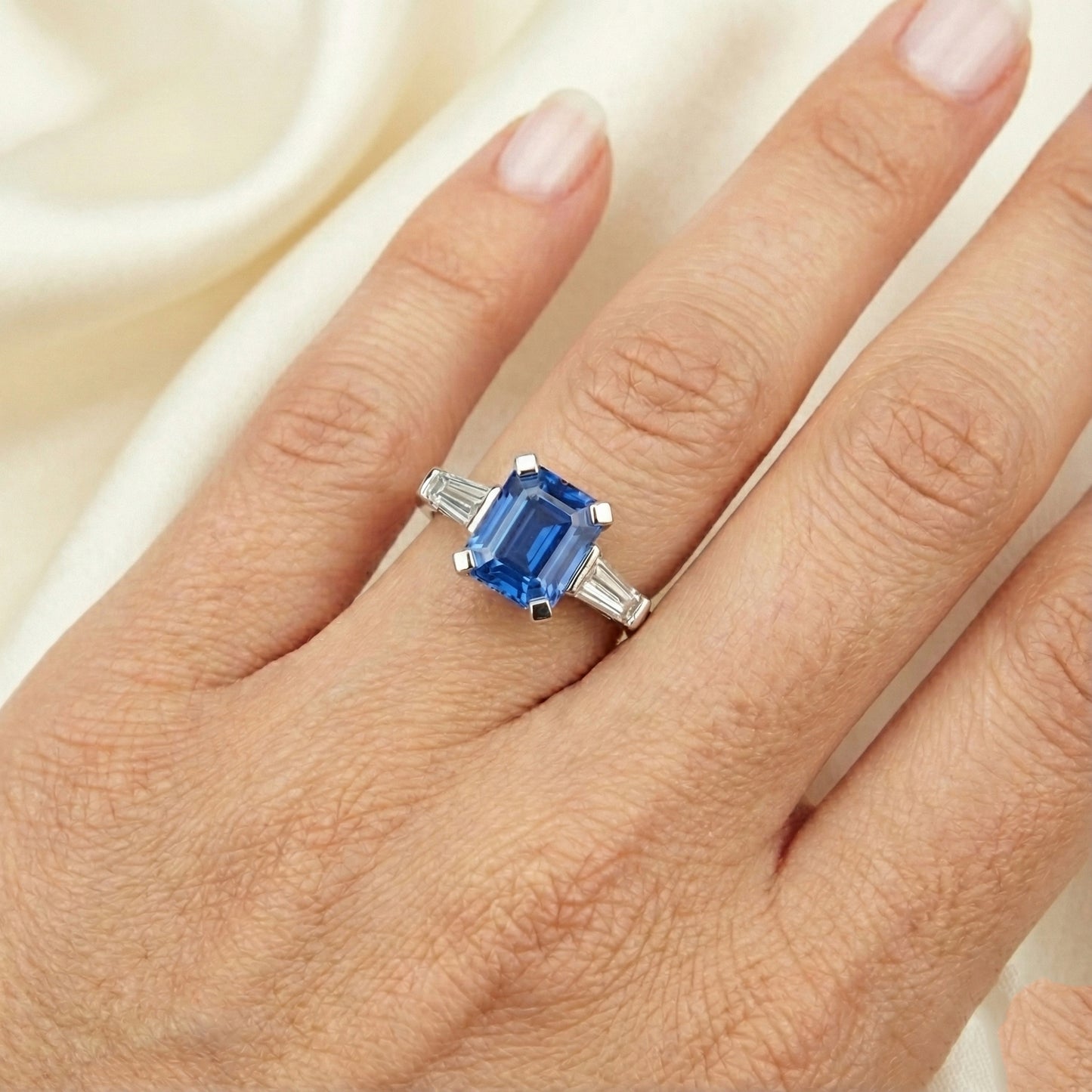Emerald Cut Sapphire Gem Ring With Baguette Natural Earth Mined Diamond ( Not Lab Grown )s