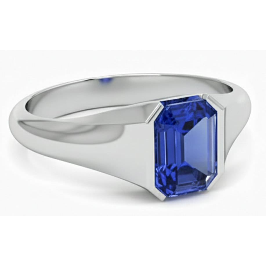 IGI CERTIFIED Emerald Cut Solitaire Blue Sapphire Gents Ring White Gold 4 Carats New