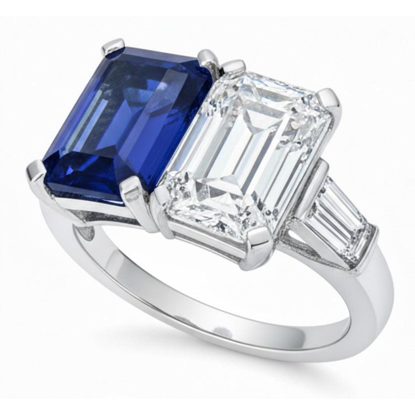 Emerald IGI CERTIFIED Diamond & Blue Sapphire Ring 4.50 Carats Gold Baguette Accents
