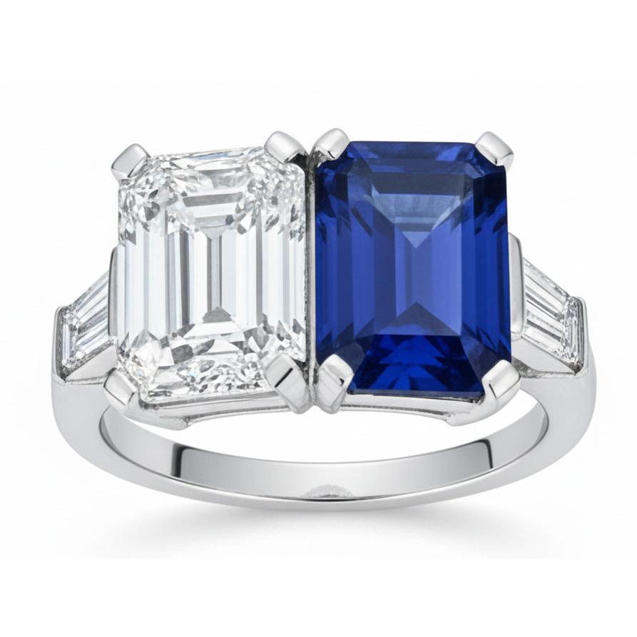 Emerald IGI CERTIFIED Diamond & Blue Sapphire Ring 4.50 Carats Gold Baguette Accents