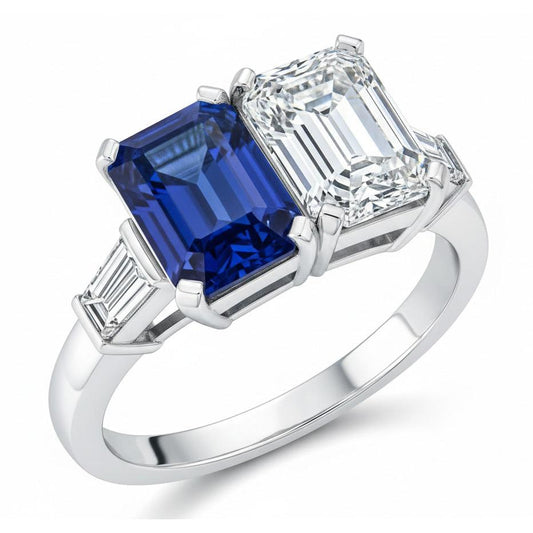 Emerald IGI CERTIFIED Diamond & Blue Sapphire Ring 4.50 Carats Gold Baguette Accents
