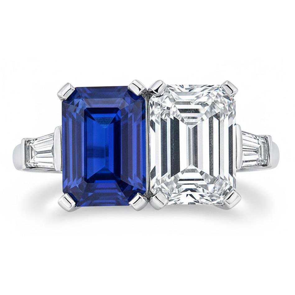 Emerald IGI CERTIFIED Diamond & Blue Sapphire Ring 4.50 Carats Gold Baguette Accents