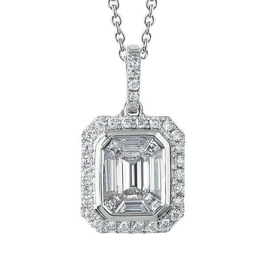 Emerald & Round 2.80 Carats Real Diamond Pendant Necklace White Gold 14K - Pendant-harrychadent.ca