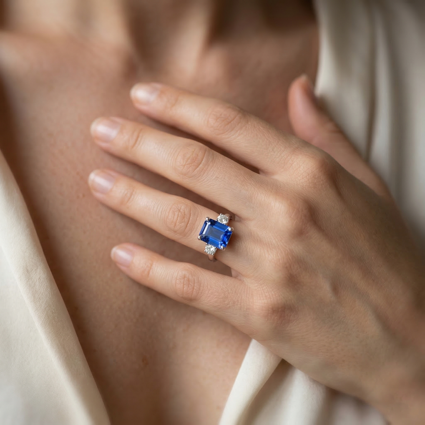 Emerald & Round Cut 3 Ct Ceylon Sapphire Natural Earth Mined Diamond ( Not Lab Grown ) s Ring White Gold 14K