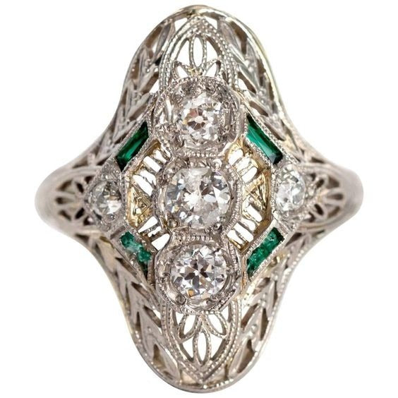 Emerald & Round Old Miner Real Diamond Ring Filigree  2.50 Carats