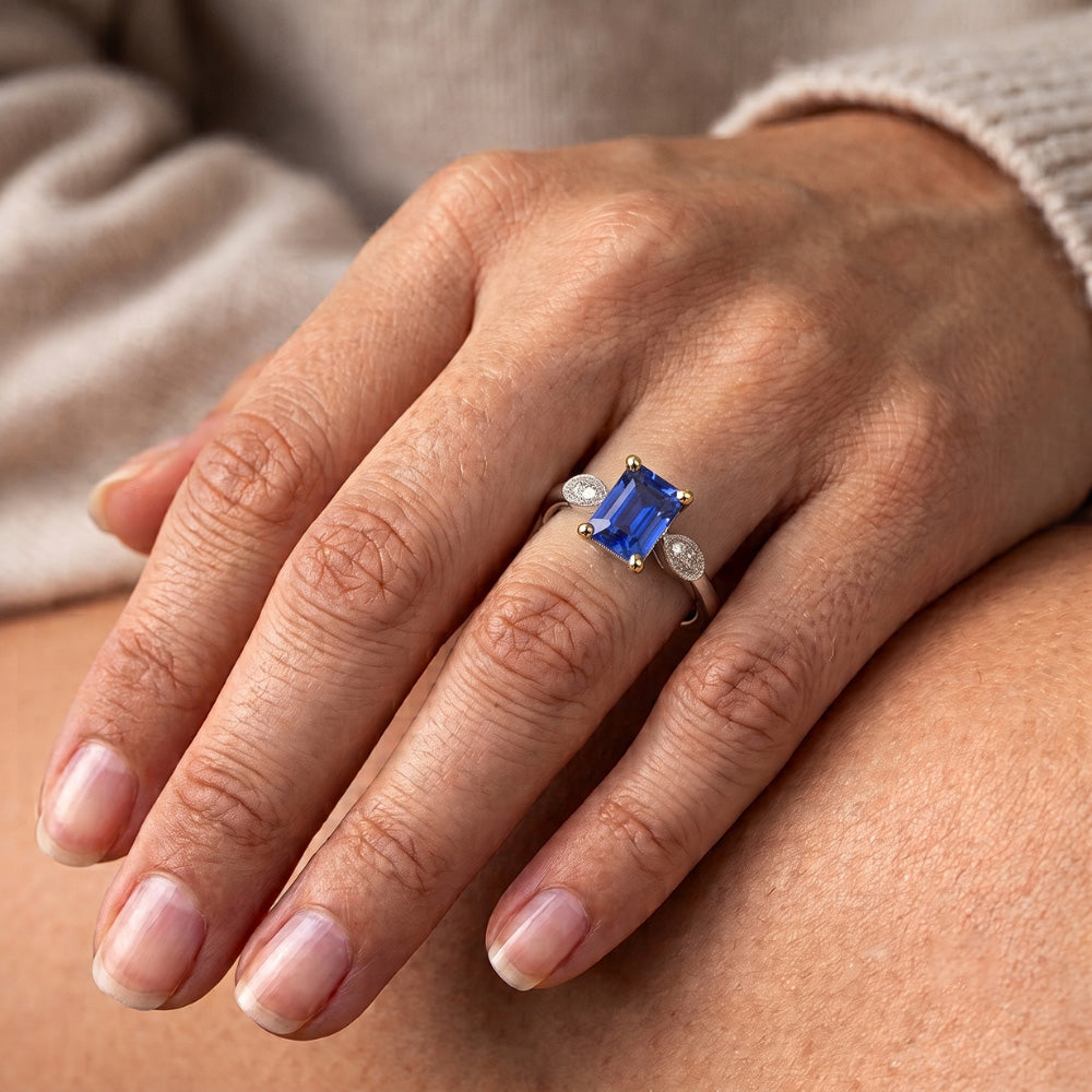Engagement 5 Stone Emerald Blue Sapphire Ring Natural Earth Mined Diamond ( Not Lab Grown )s 2.25 Carats