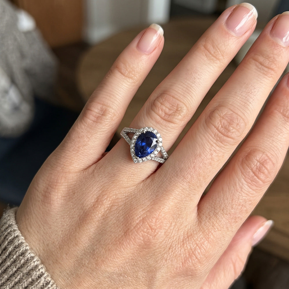 Engagement Halo Blue Sapphire Ring Split Shank Natural Earth Mined Diamond ( Not Lab Grown )s 3.50 Carats