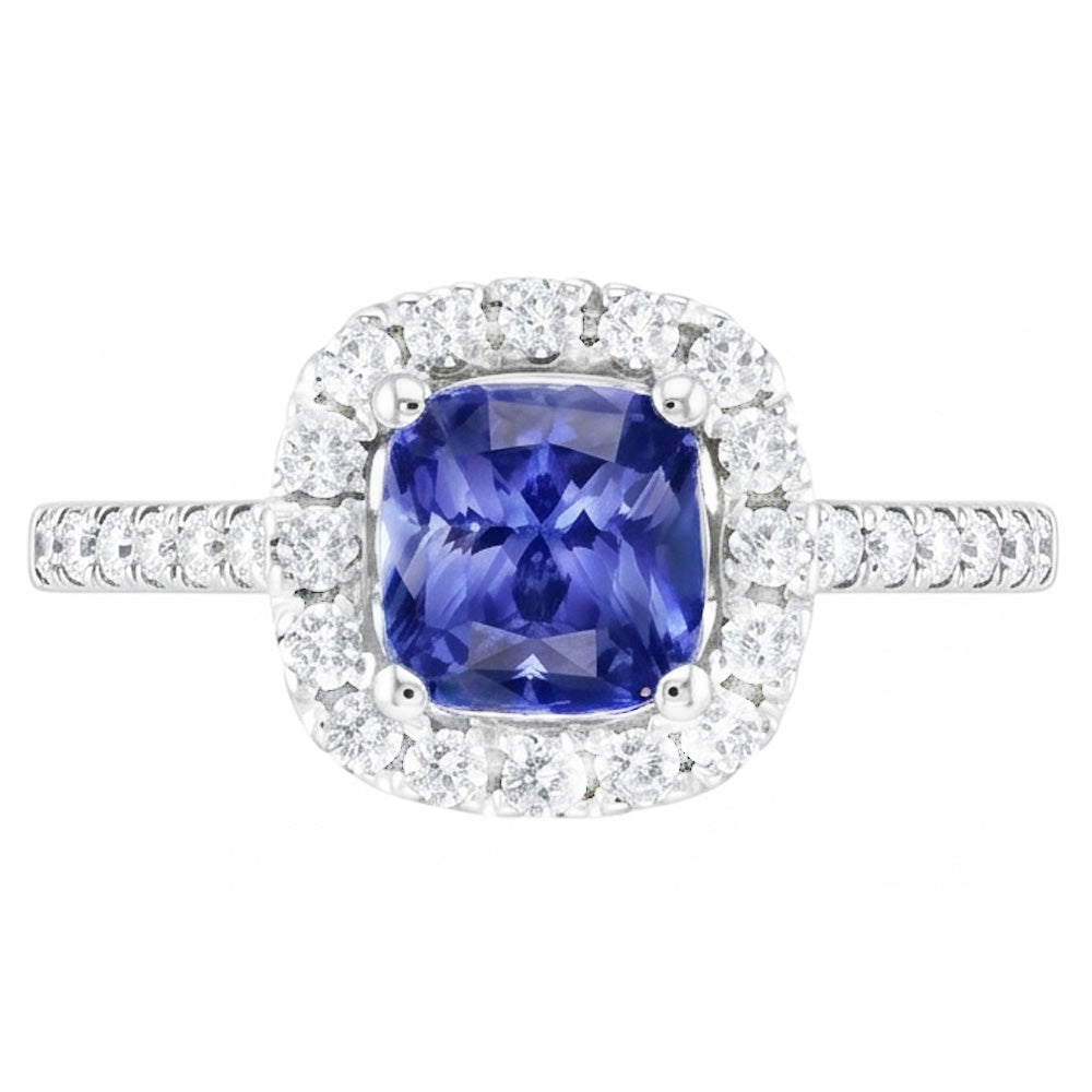 Engagement Halo Cushion Sapphire Ring 2.50 Carats Natural Earth Mined Diamond ( Not Lab Grown ) 14K Gold