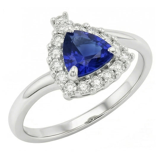 Engagement Halo Natural Earth Mined Diamond ( Not Lab Grown ) Ring Trillion Deep Blue Sapphire 2 Carats