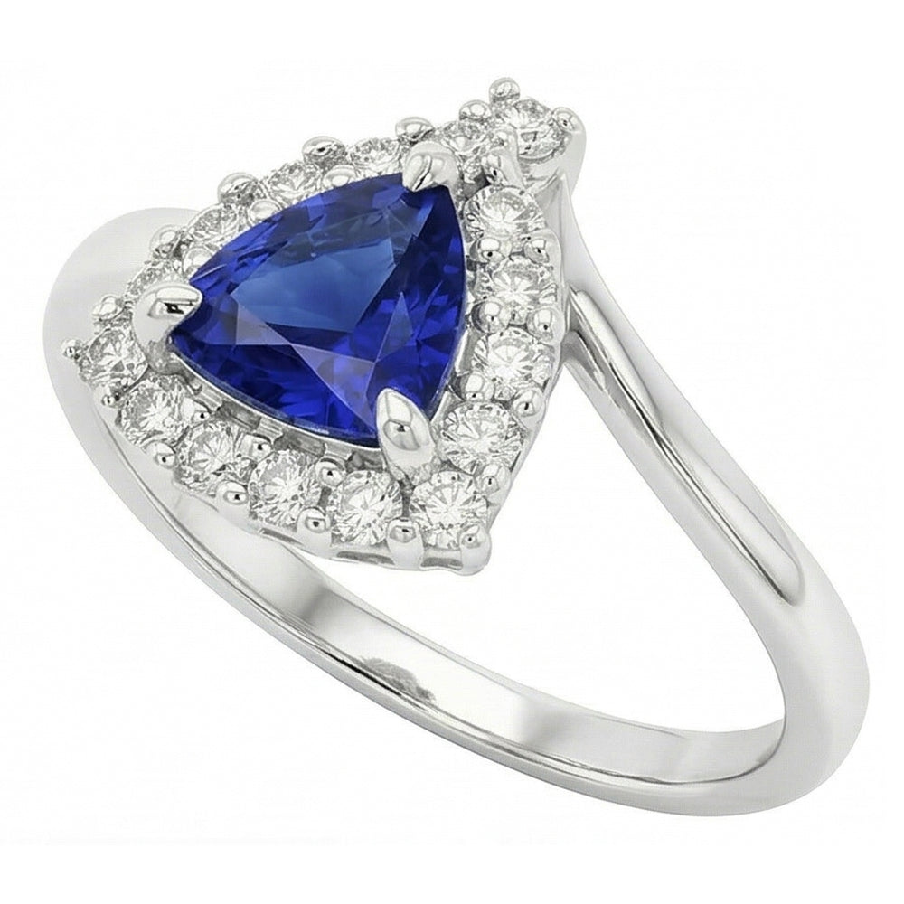 Engagement Halo Natural Earth Mined Diamond ( Not Lab Grown ) Ring Trillion Deep Blue Sapphire 2 Carats